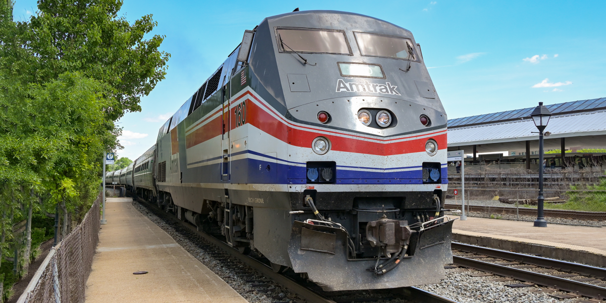 Alexandria, Washington DC, USA - 1 May 2024: Close up view of the front of an Amtrak train arriving at the town's railway station.