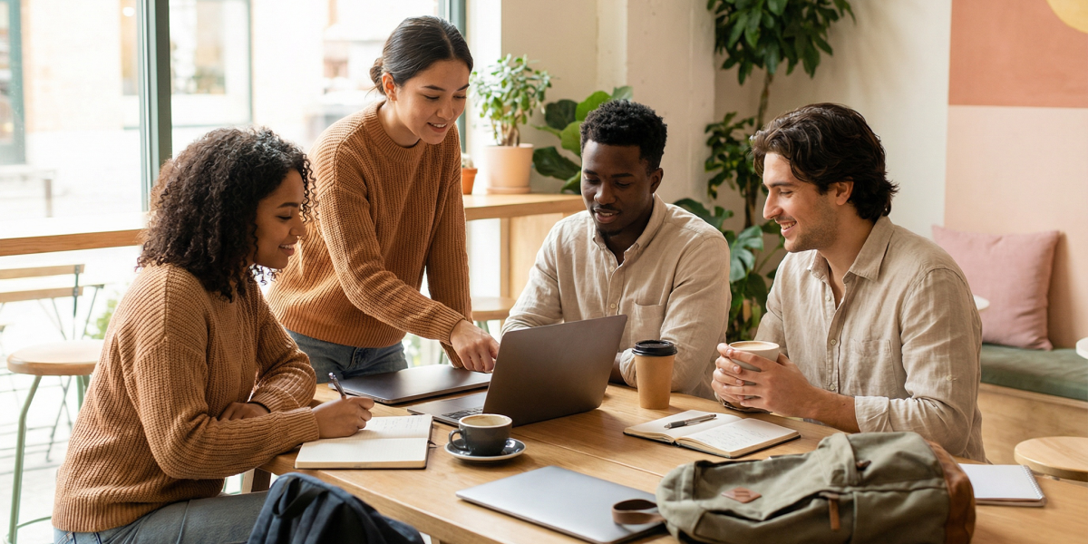 Four diverse professionals collaborate around a sunlit wooden table in a modern office, sharing ideas, taking notes, and working on laptops during a casual brainstorming session for a collaborative project