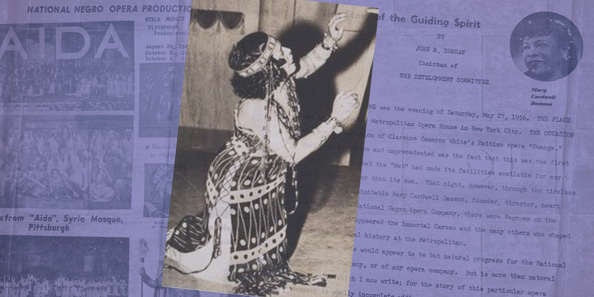 Collage of photo of La Julia Rhea performing Aida superimposed on news clippings from the time.